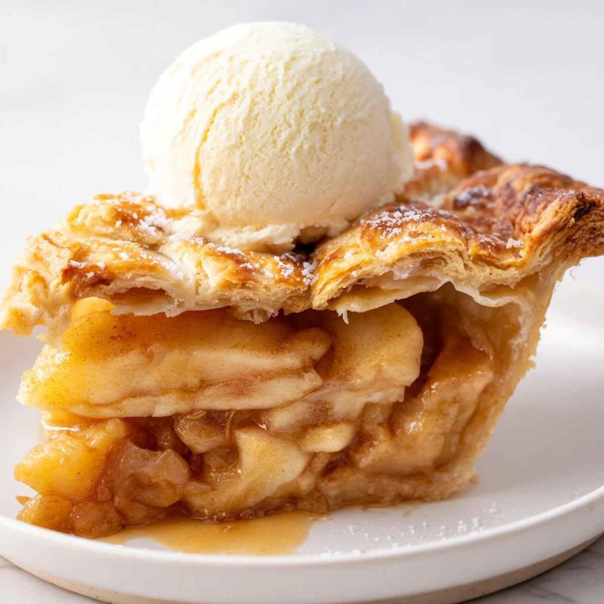 Warm slice of homemade apple pie topped with melting vanilla ice cream