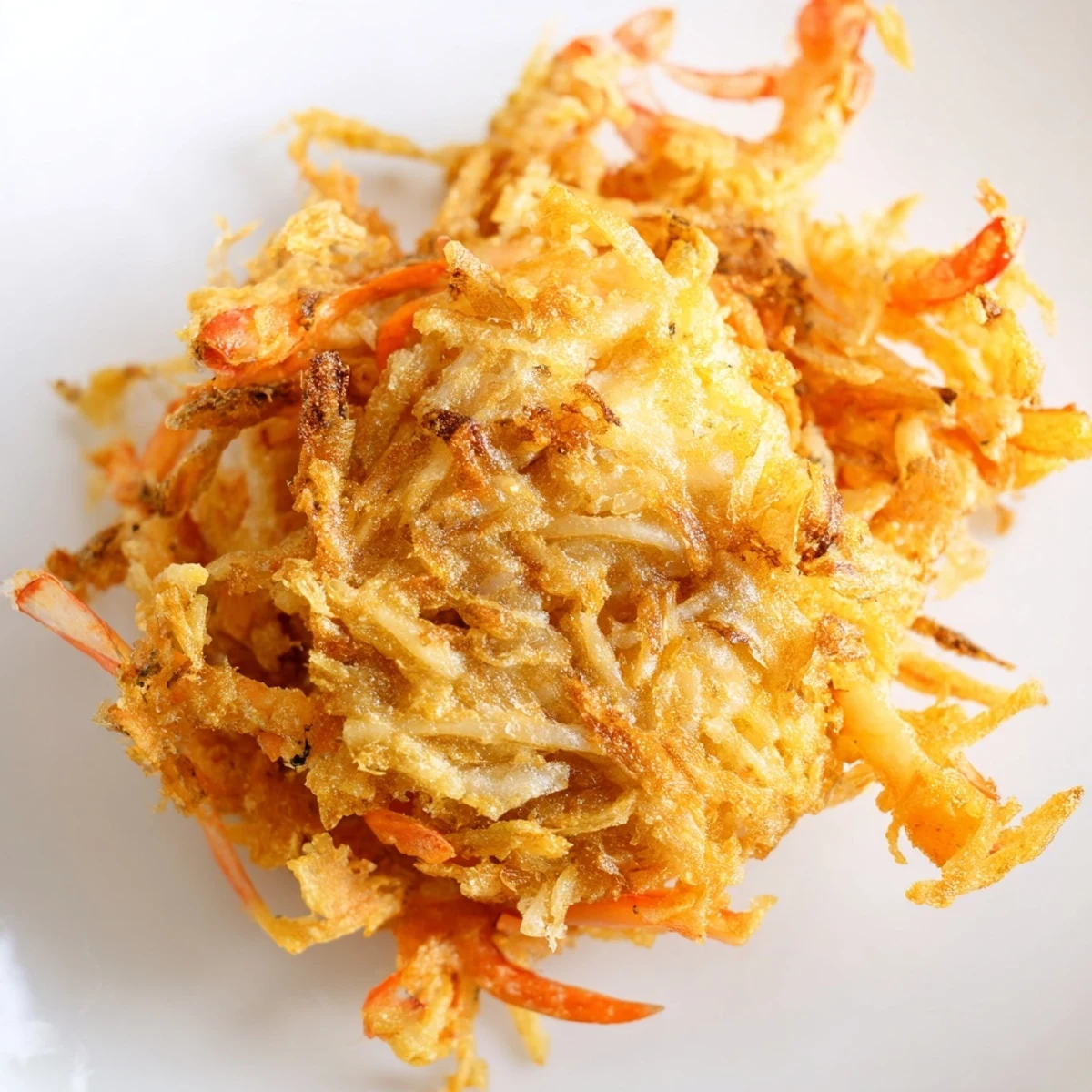 Ukoy Filipino shrimp fritters topped with julienned vegetables and whole crispy shrimp