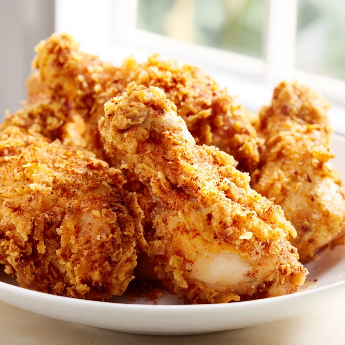 Crispy golden fried chicken pieces with crunchy coating served on a rustic wooden cutting board