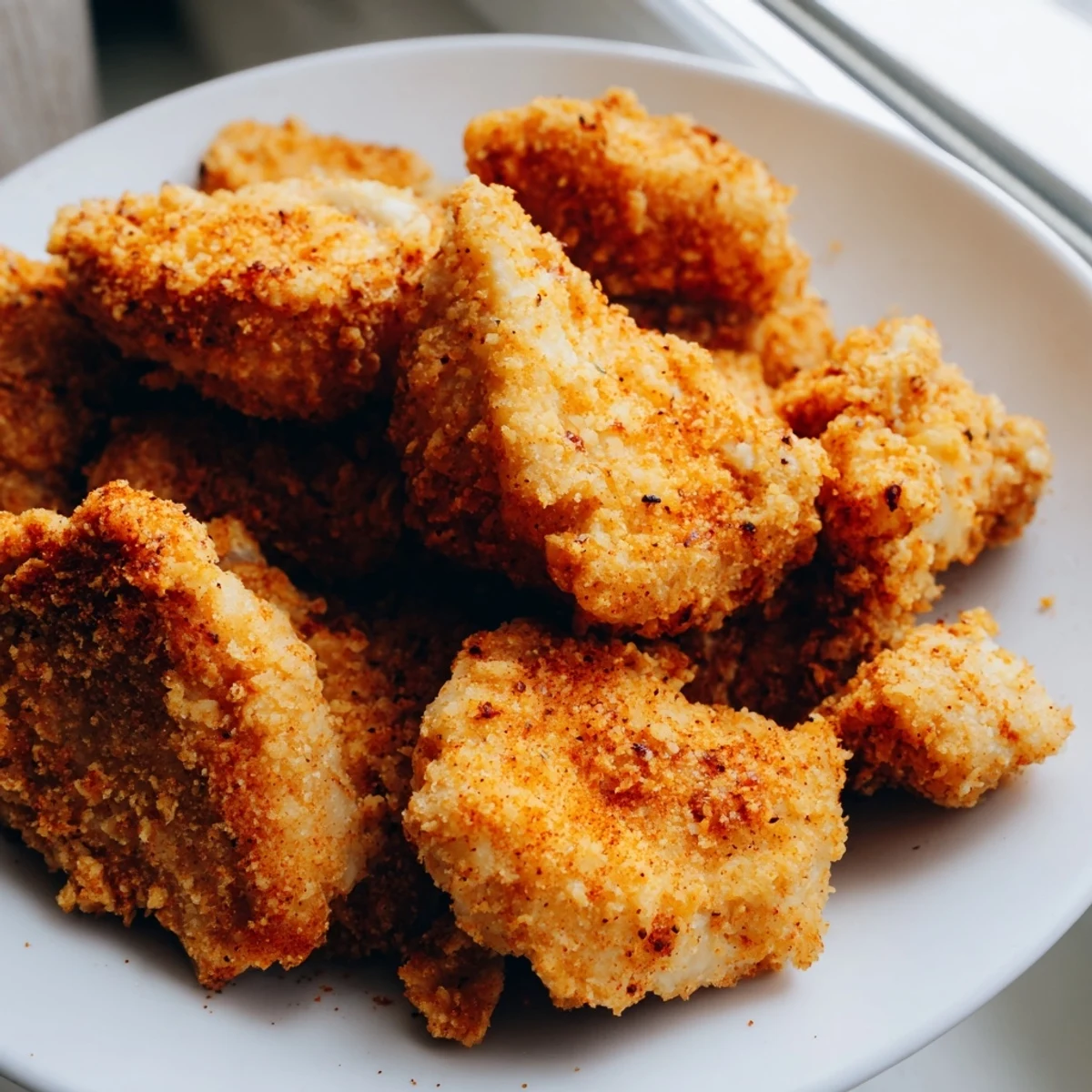 Golden brown fried chicken thighs with spiced crust next to creamy dipping sauce