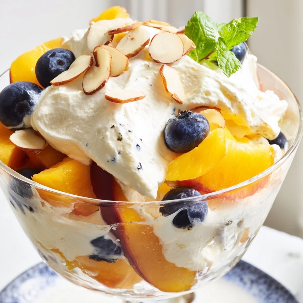 Creamy peaches and cream salad piled with ripe peach slices and fresh mint
