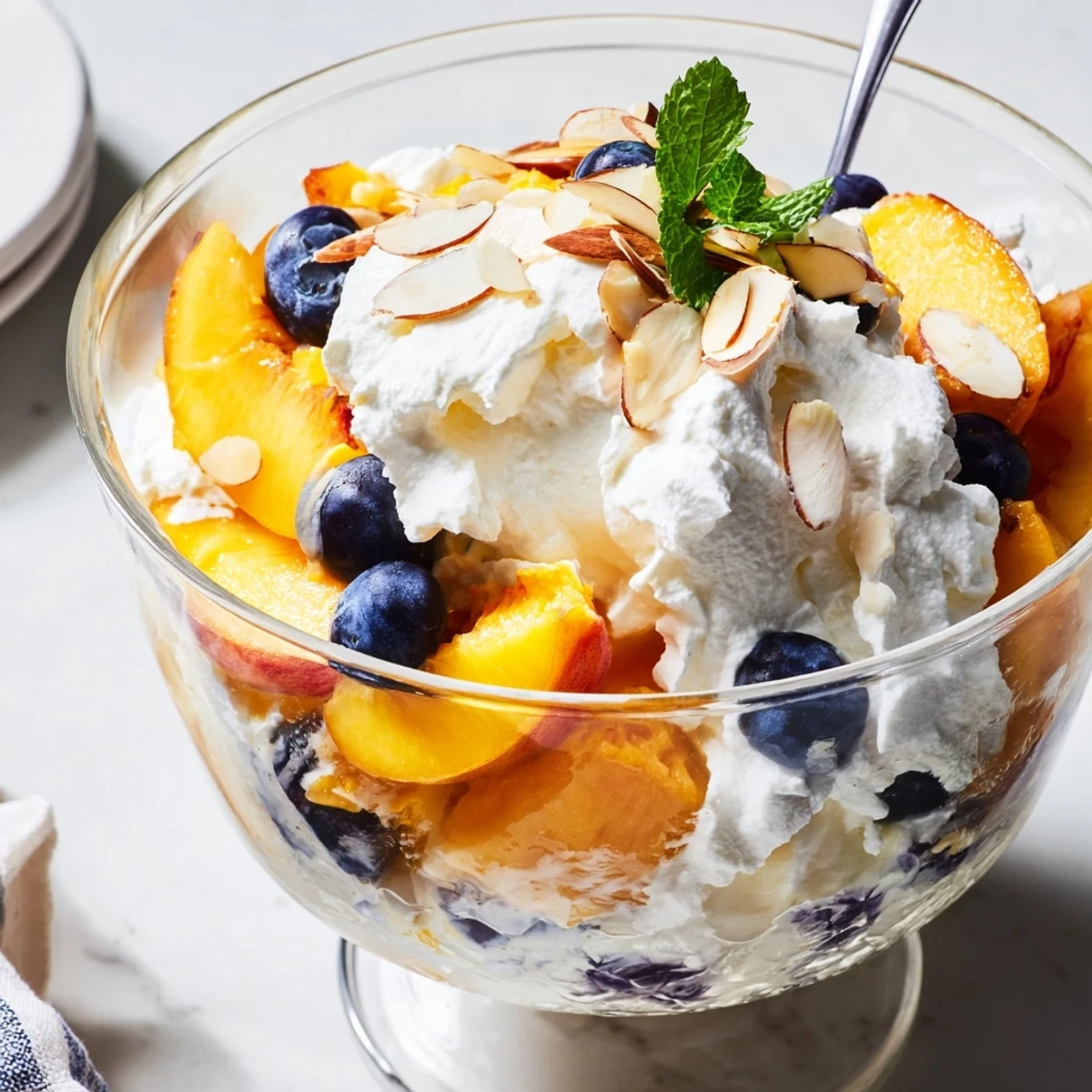 Sweet peaches and cream salad served in a glass with blueberries and almonds