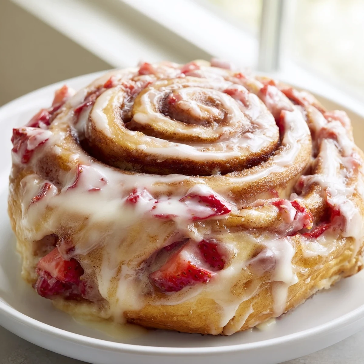 Golden Strawberry Cheesecake Cinnabon Rolls drizzled with creamy vanilla glaze on a white plate