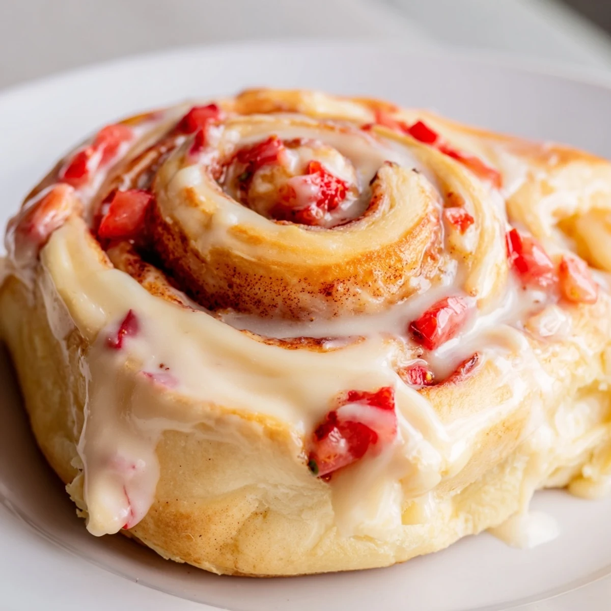 Swirled cinnamon rolls topped with sweet strawberries and luscious cream cheese frosting