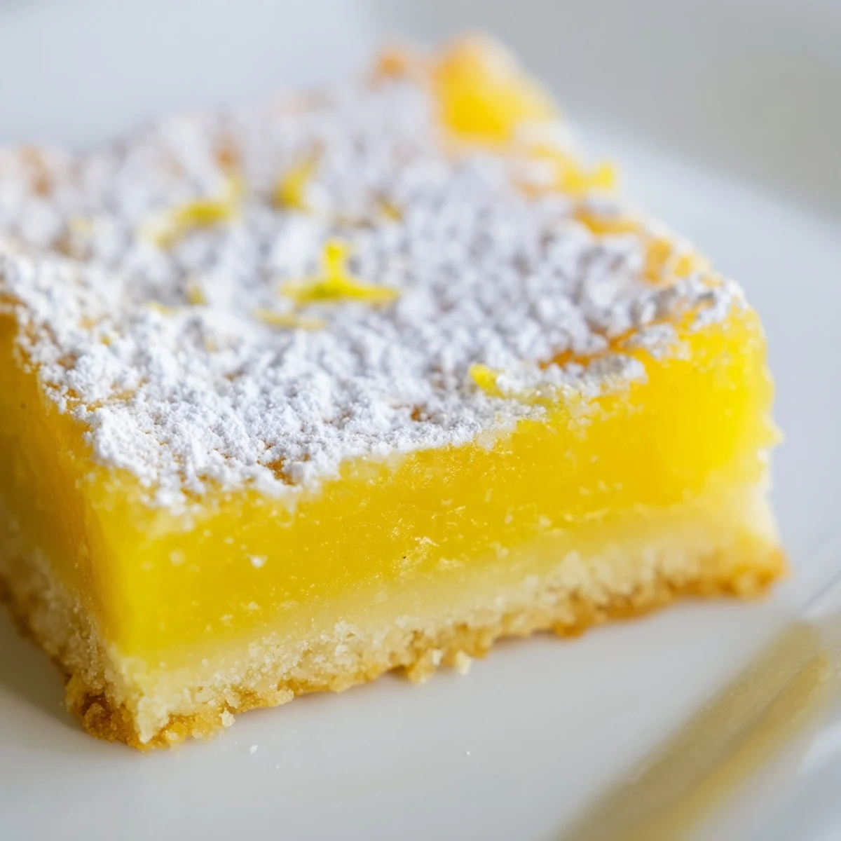 Golden lemon bars dusted with powdered sugar on a rustic white serving plate