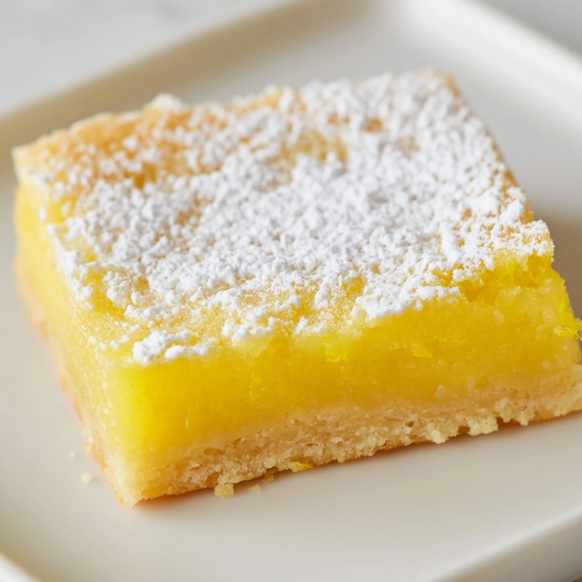 Freshly baked lemon bars with vibrant yellow filling sprinkled with snowy powdered sugar