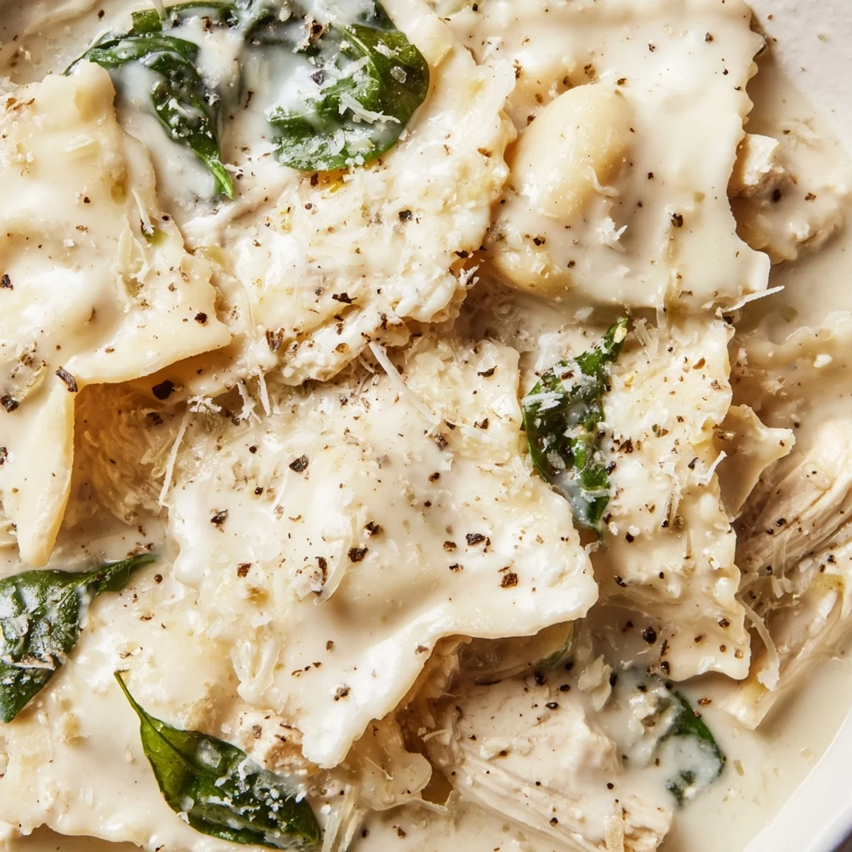 Steaming bowl of white lasagna soup topped with melted mozzarella and fresh pepper