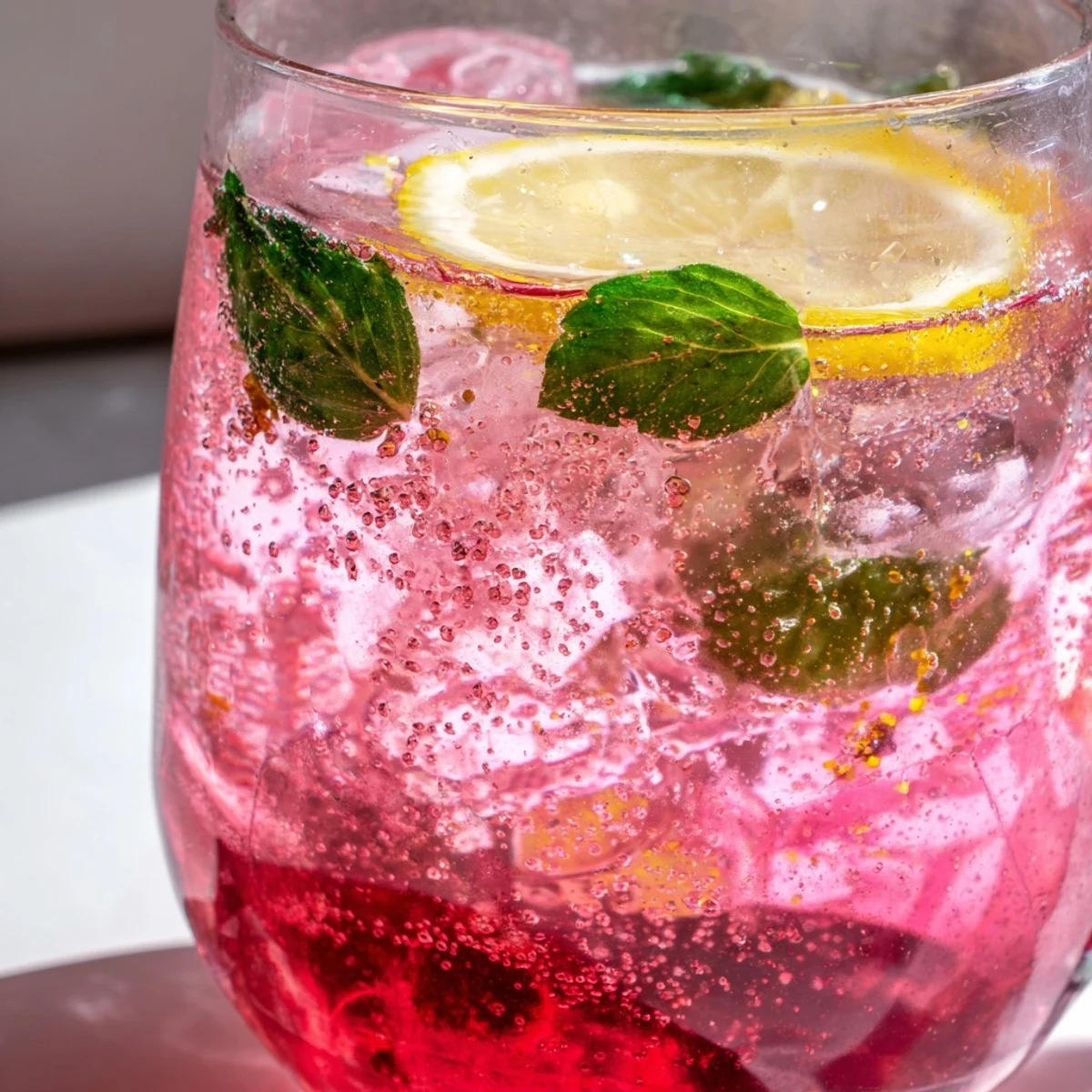 Bubbly honey lemon pink soda served over ice with fresh mint and lemon slices.