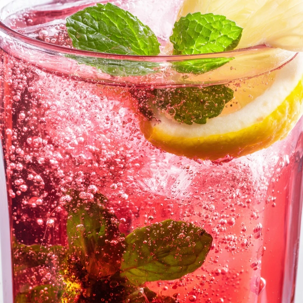 Sparkling honey lemon pink soda in a tall glass garnished with bright cranberry and mint.