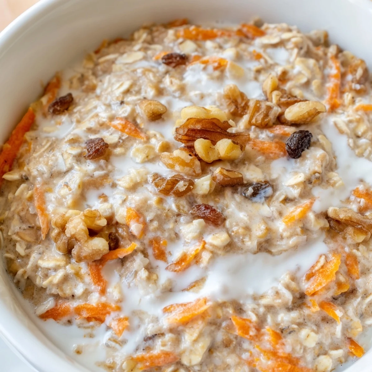 Creamy Carrot Cake Overnight Oats topped with walnuts and a cinnamon drizzle in a glass jar
