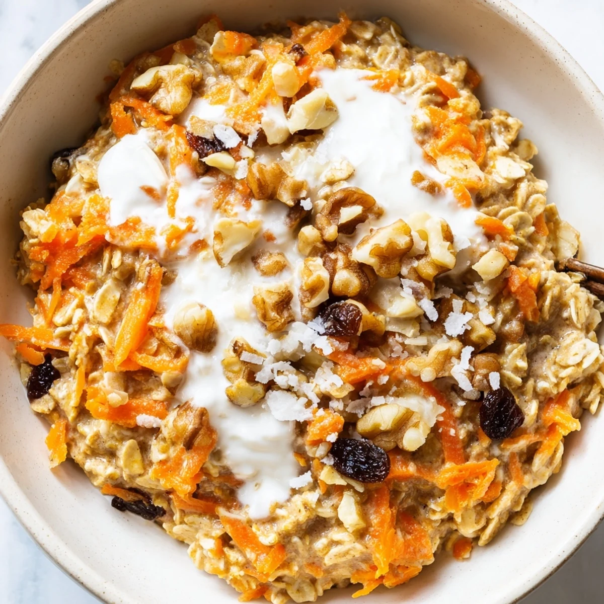 Carrot Cake Overnight Oats in a mason jar with shredded carrots, raisins, and pecans