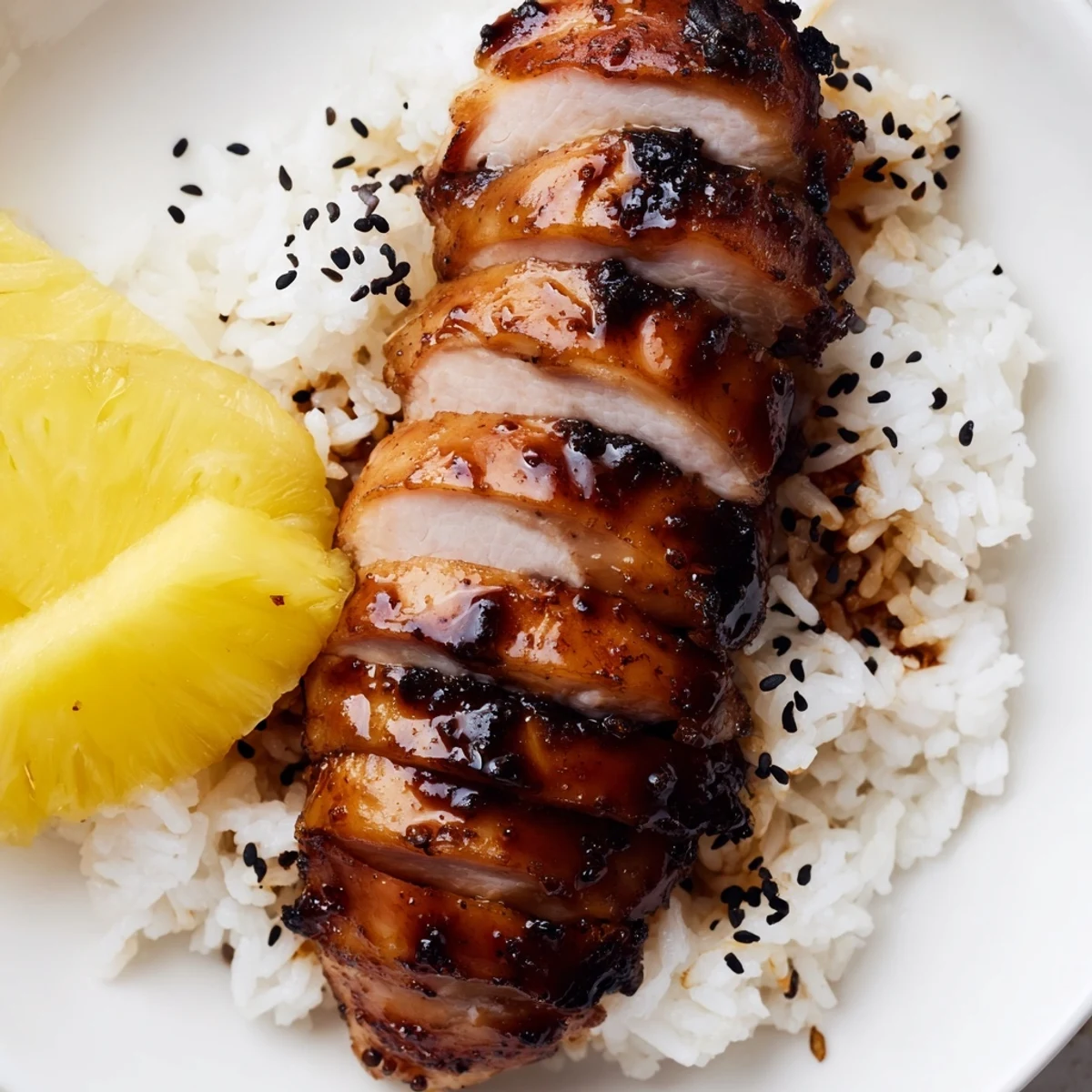 Juicy grilled Hawaiian Chicken Coconut Rice topped with fresh pineapple chunks and green onion garnish