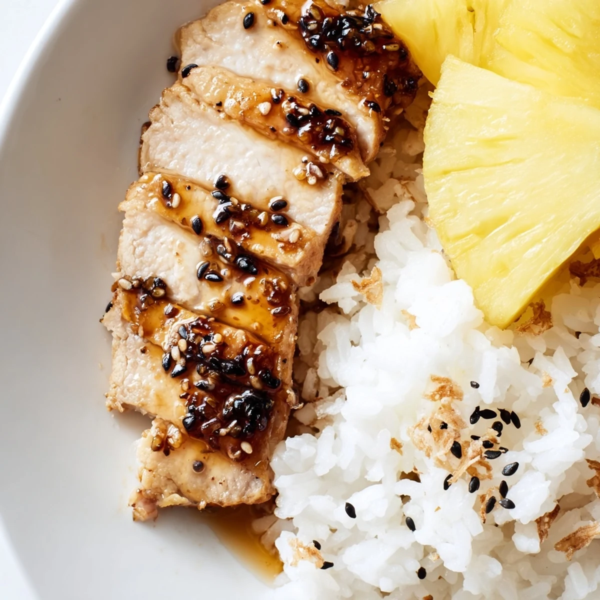 Creamy coconut rice serves as a bed for caramelized Hawaiian chicken with tropical pineapple accents