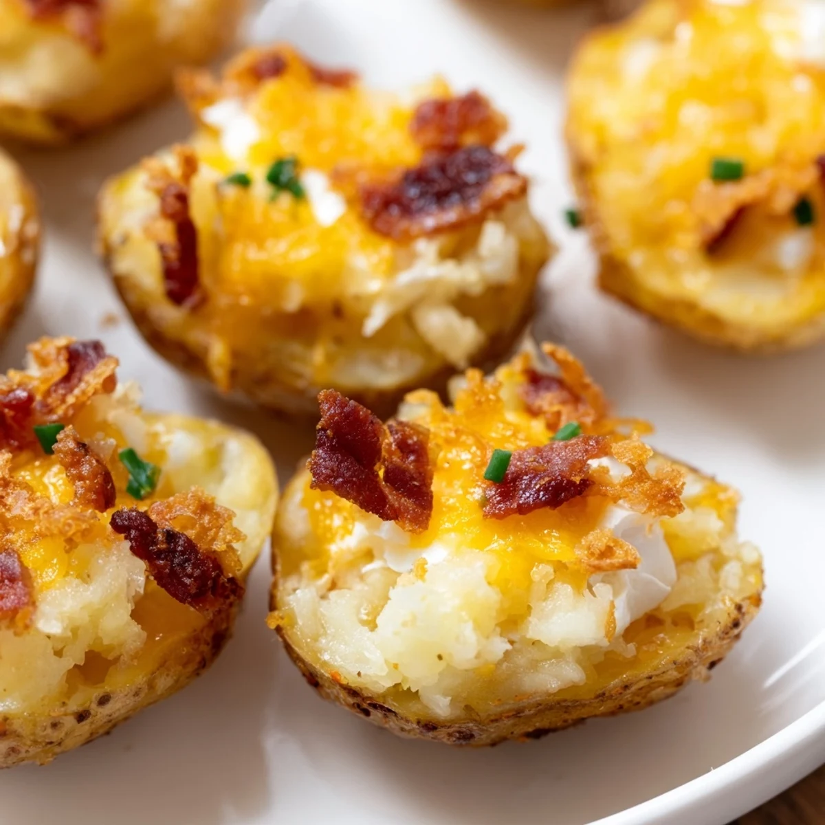 Golden Irish Potato Bites topped with melted cheddar and fresh chives on rustic baking sheet