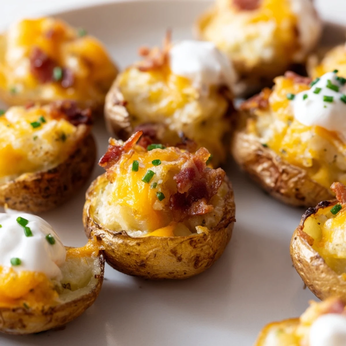 Crispy Irish Potato Bites overflowing with savory bacon and cheese filling ready for serving