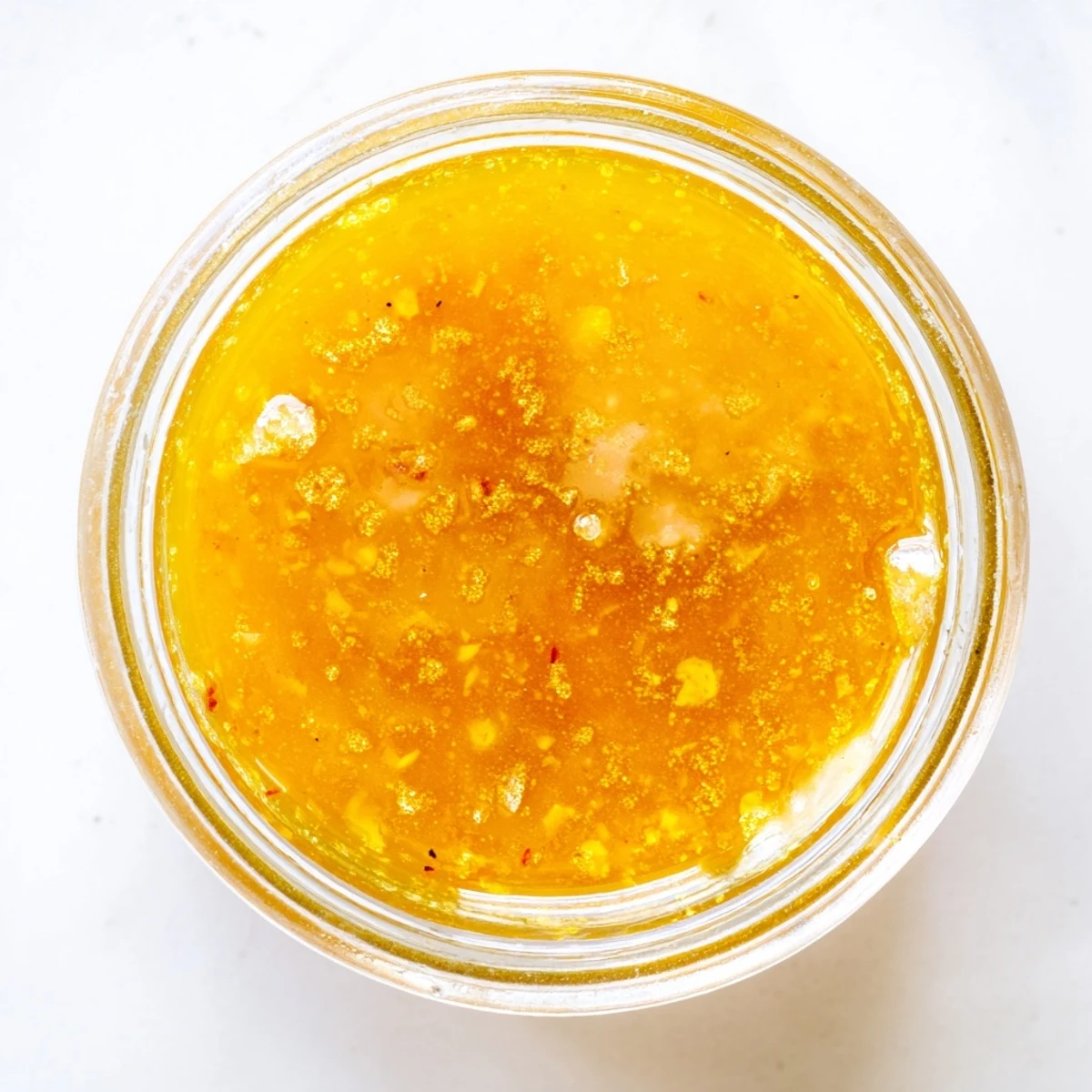 Golden citrus vinaigrette drizzling over mixed greens in a rustic wooden bowl