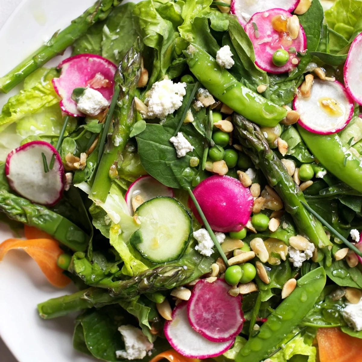 Bright Spring Salad with crisp radishes, tender asparagus, and citrus dressing in a rustic wooden bowl