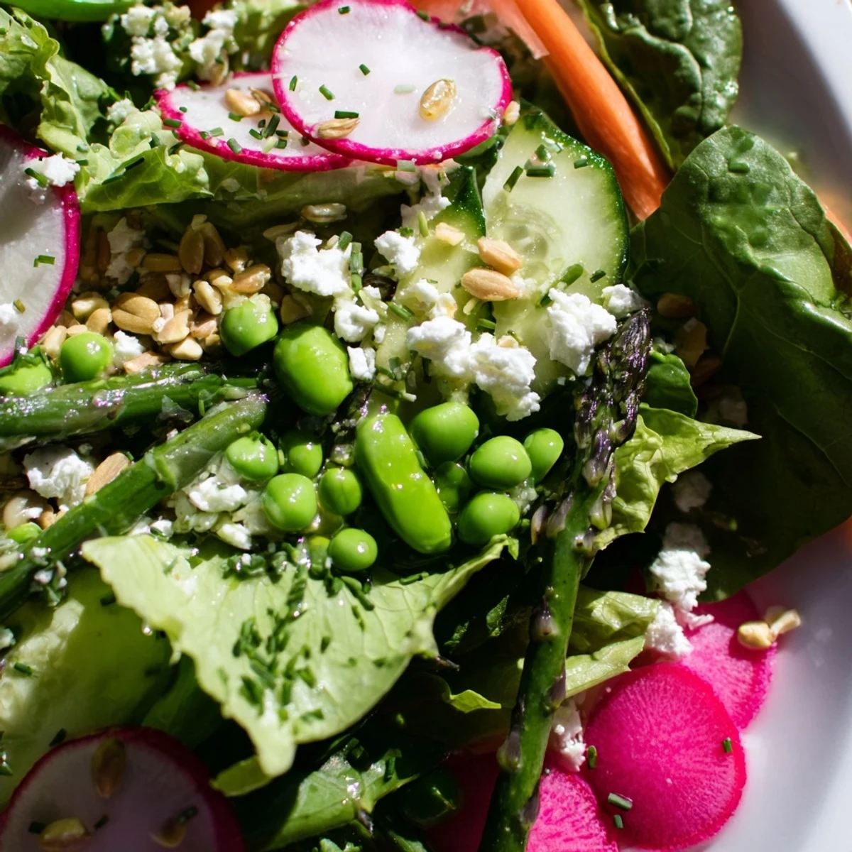 Vibrant Bright Spring Salad featuring fresh greens, shaved vegetables, and crumbled feta cheese