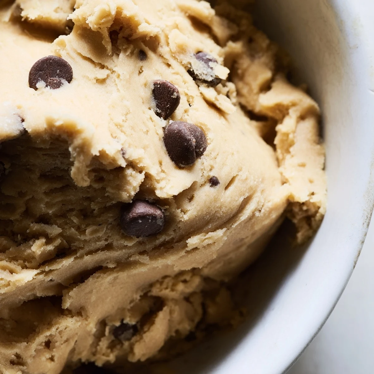 Creamy chocolate chip cookie dough scooped into balls with mini chocolate chips throughout