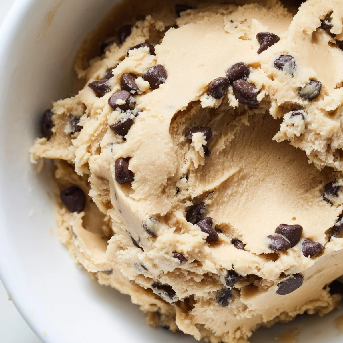 Edible chocolate chip cookie dough in a rustic bowl speckled with sweet chocolate chips