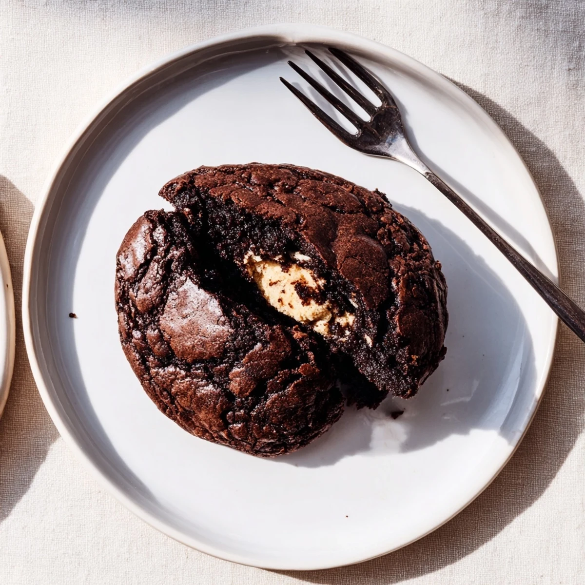 Crackly topped fudgy brownie cookies stuffed with cookie dough cooling on a baking sheet