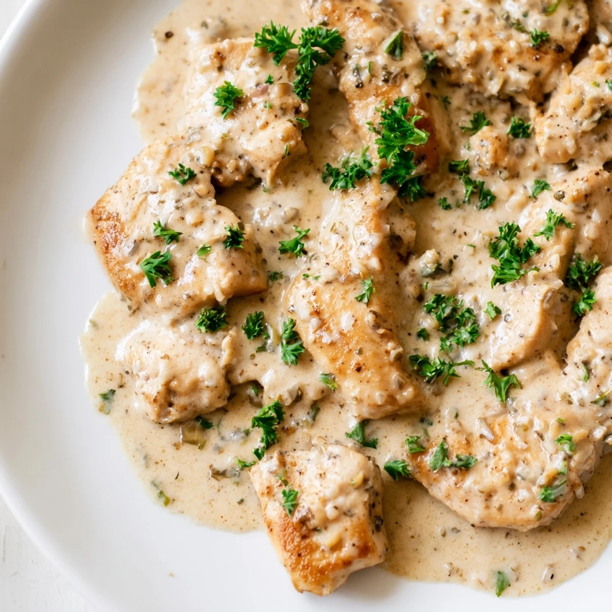 Creamy garlic chicken in golden skillet with rich white sauce and fresh parsley garnish
