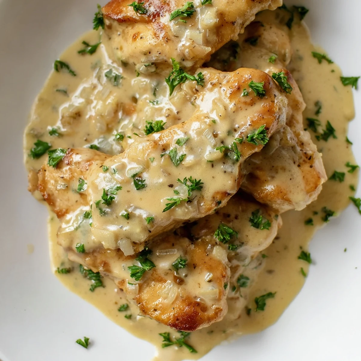 Tender creamy garlic chicken breasts smothered in velvety Parmesan sauce on white plate