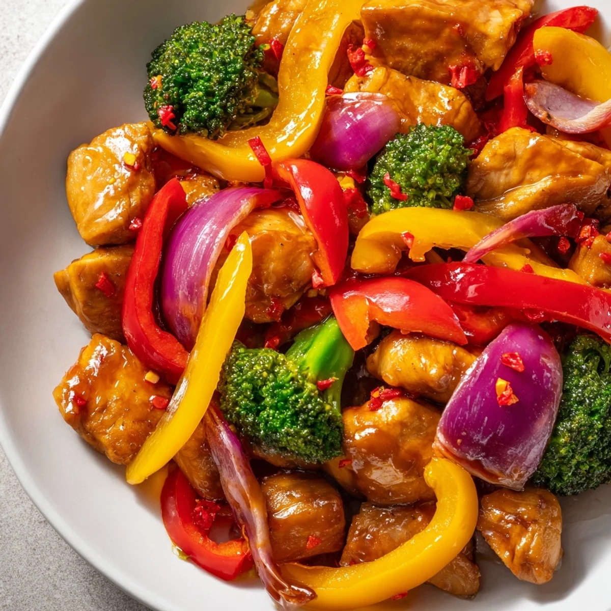 Quick flavorful weeknight meal with colorful stir-fried vegetables and tender glazed chicken