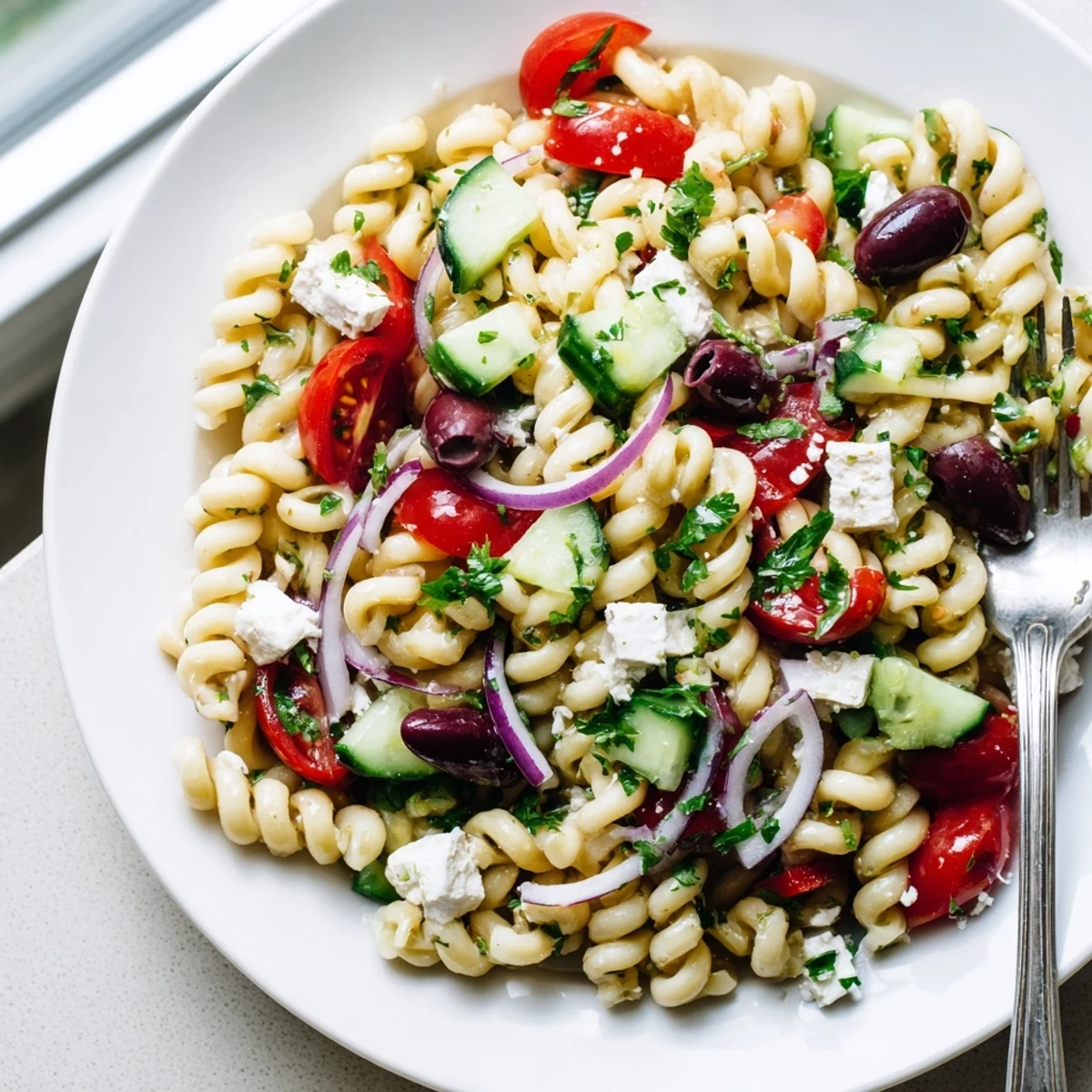 Colorful Greek pasta salad loaded with crisp cucumbers, juicy tomatoes, and creamy feta cheese