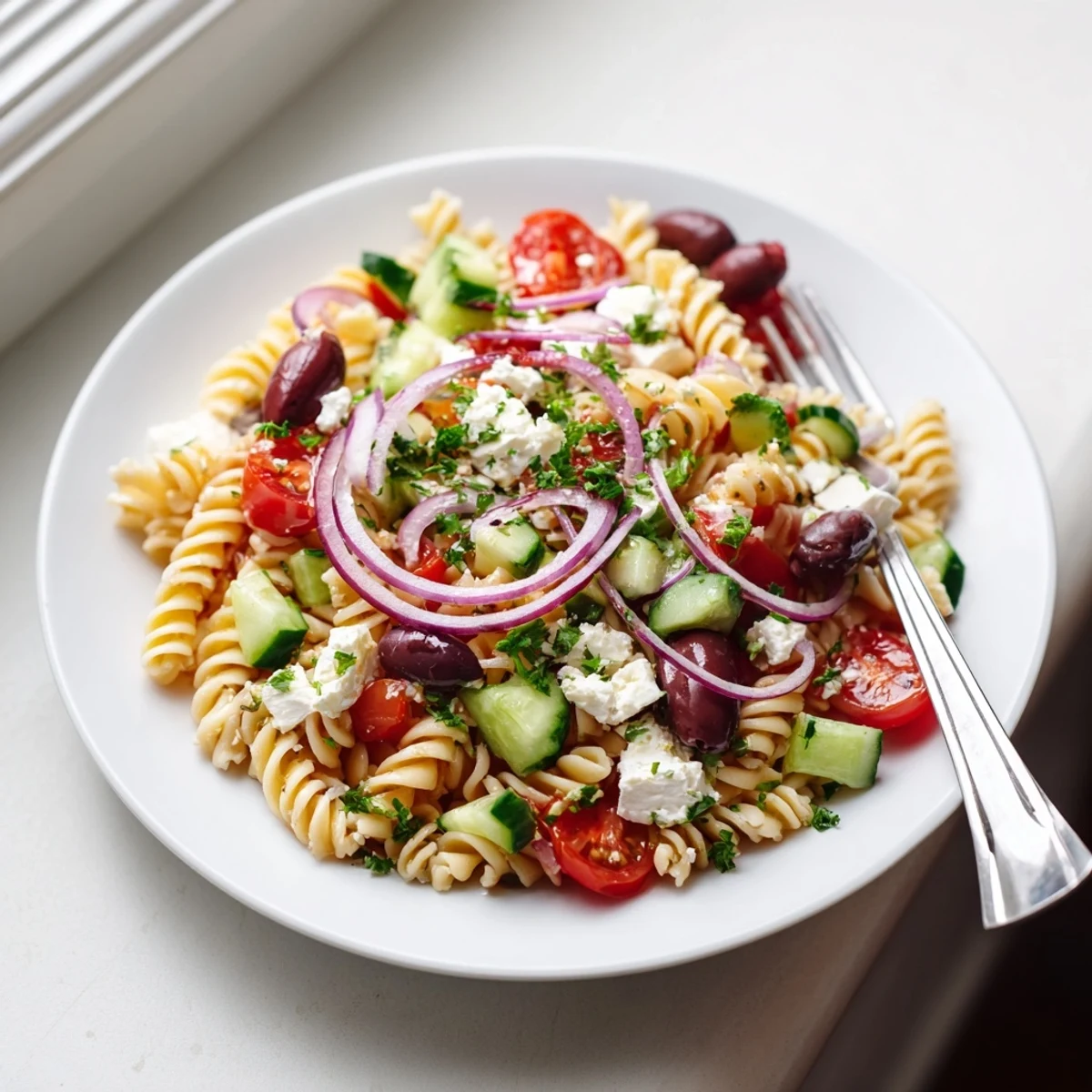 Greek pasta salad in a rustic bowl featuring olives, peppers, and tangy feta chunks