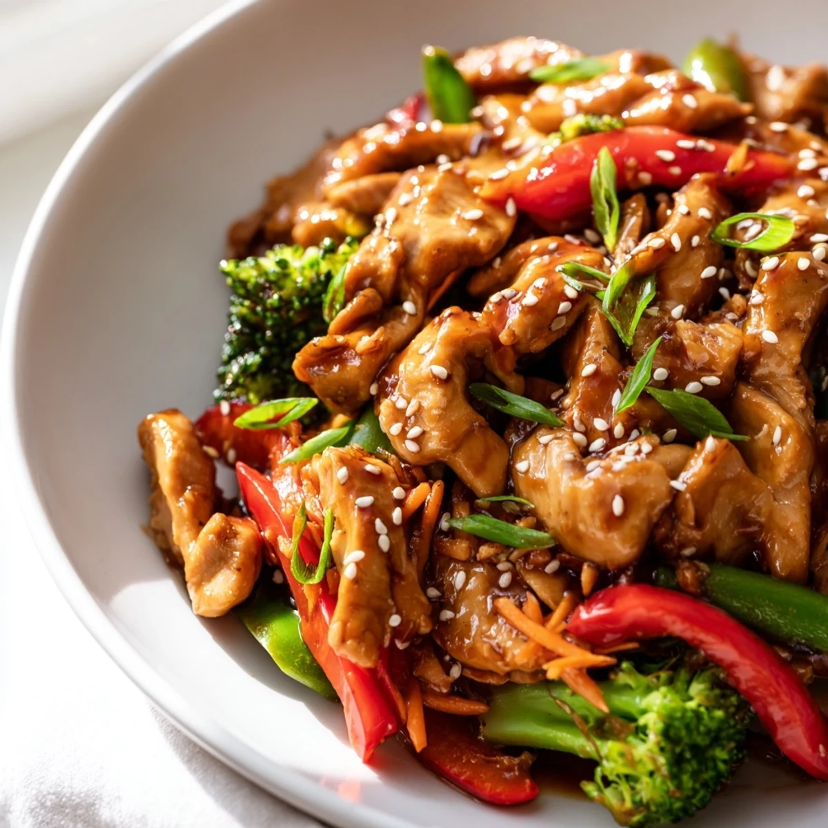 Glossy sesame soy chicken stir fry topped with sesame seeds in a cast iron skillet