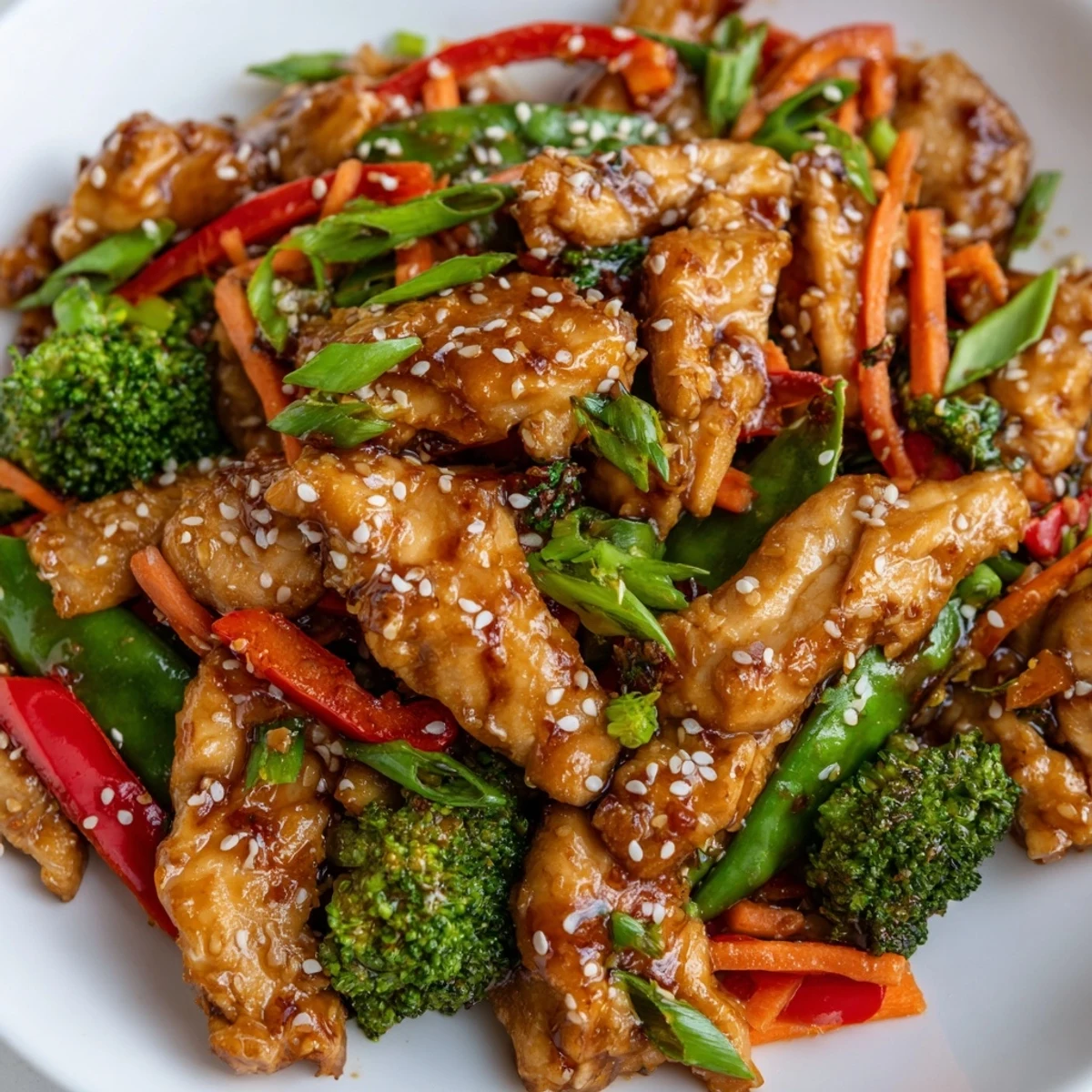 Golden sesame soy chicken stir fry glistening with savory sauce and fresh green onion garnish