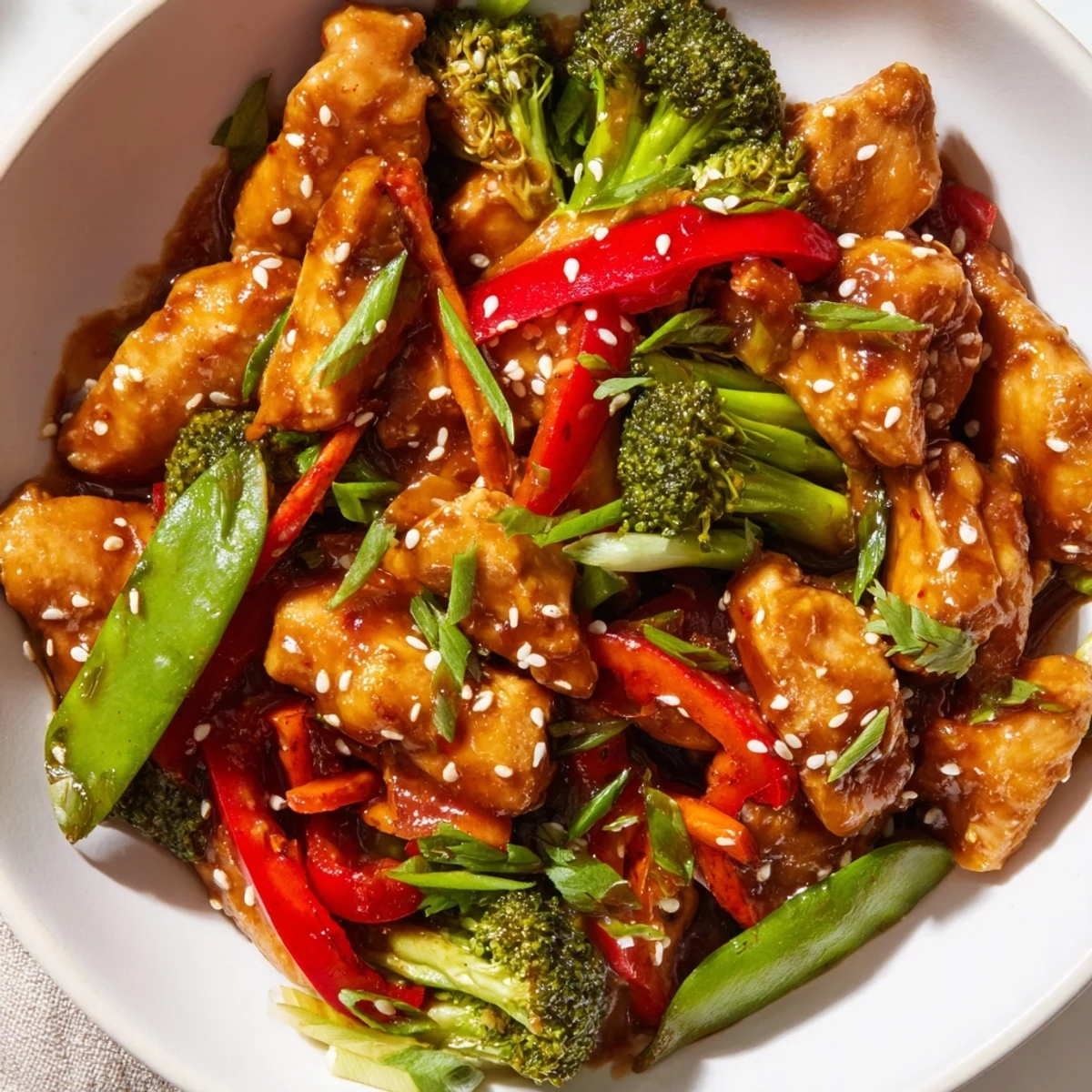 Sesame soy chicken stir fry with vibrant bell peppers and snap peas on white rice