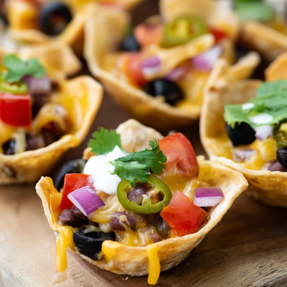 Golden cheesy nacho cups with melted cheese and colorful toppings in a muffin tin