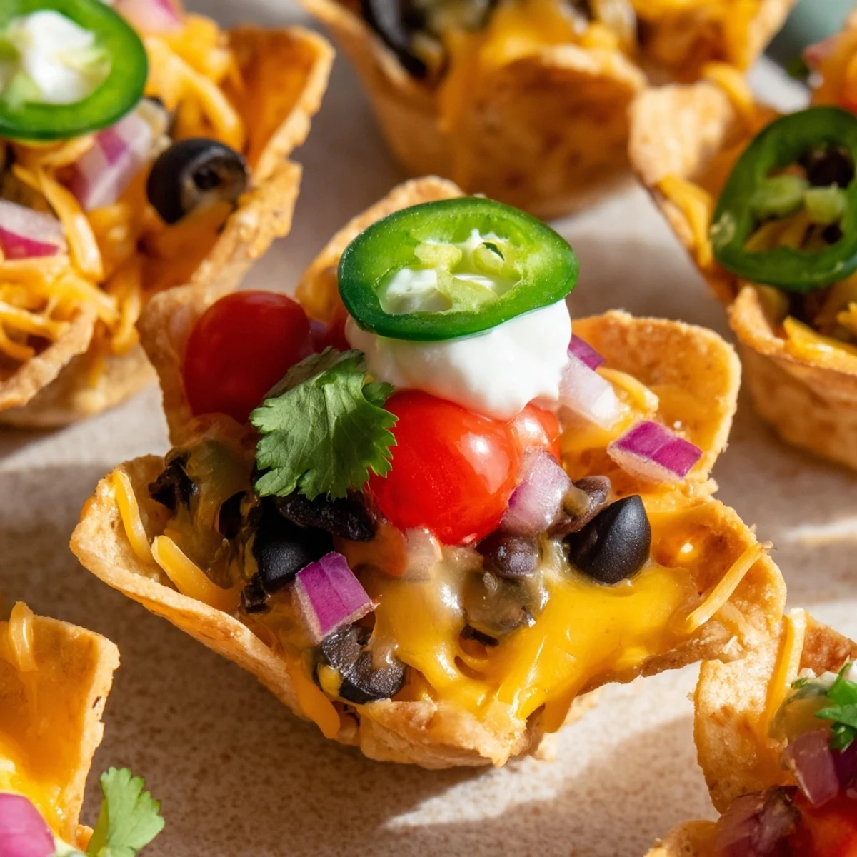 Crispy tortilla cups overflowing with gooey melted cheddar and fresh zesty garnishes