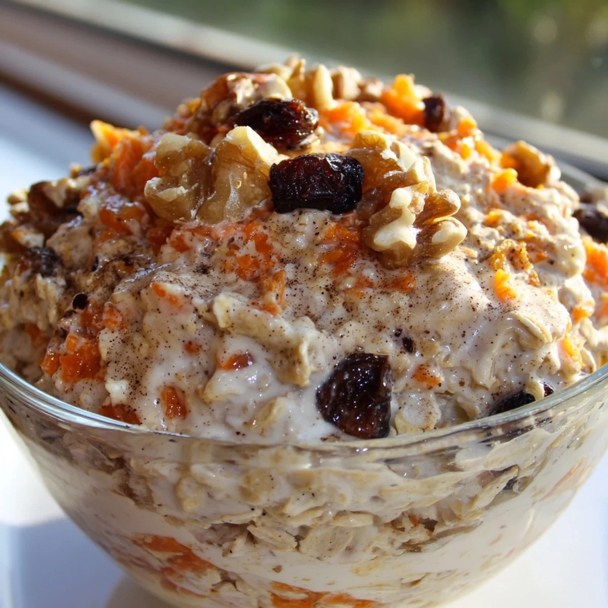 Carrot Cake Overnight Oats in a mason jar topped with crunchy walnuts and a cinnamon sprinkle