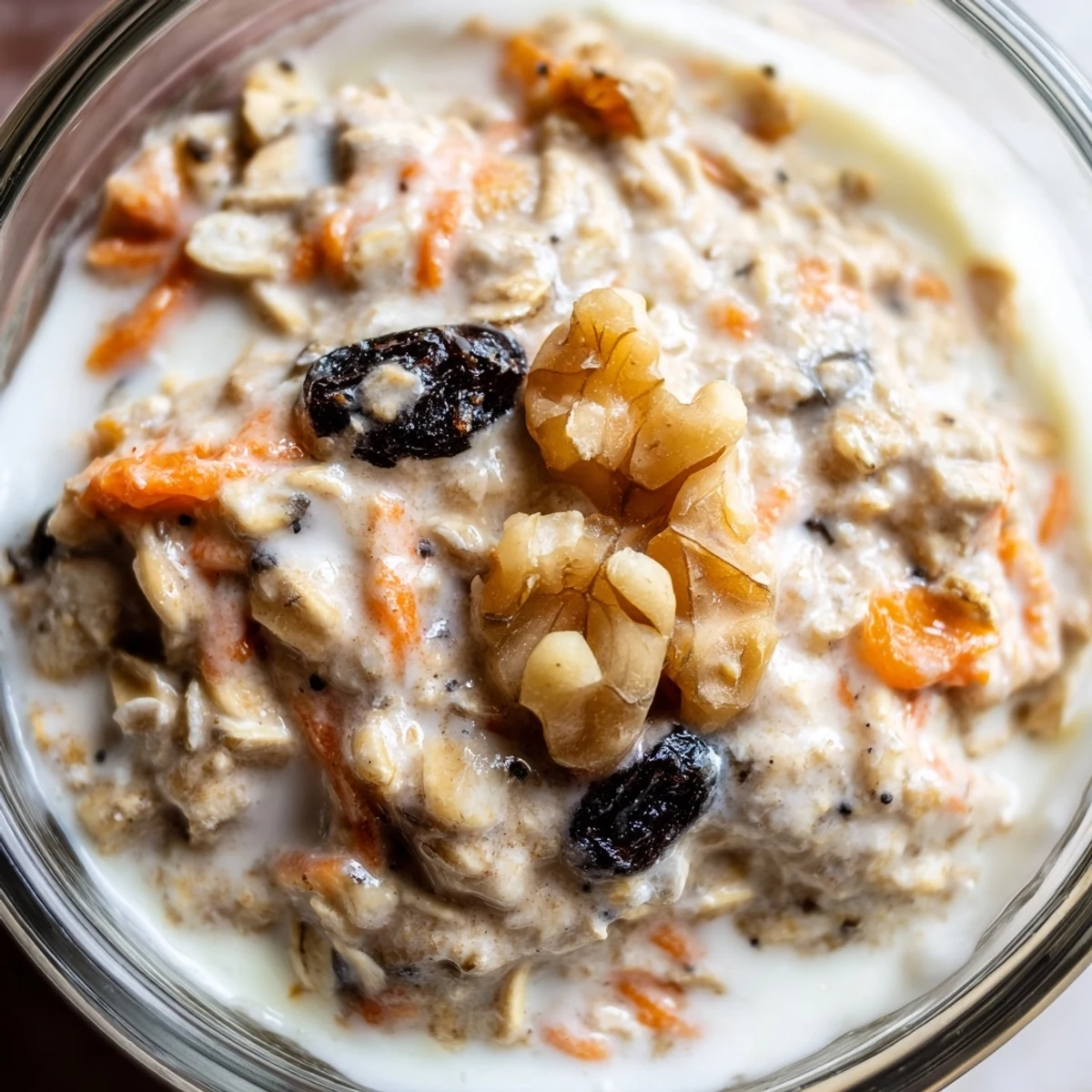 Creamy Carrot Cake Overnight Oats swirled with grated carrots, raisins, and warm spices