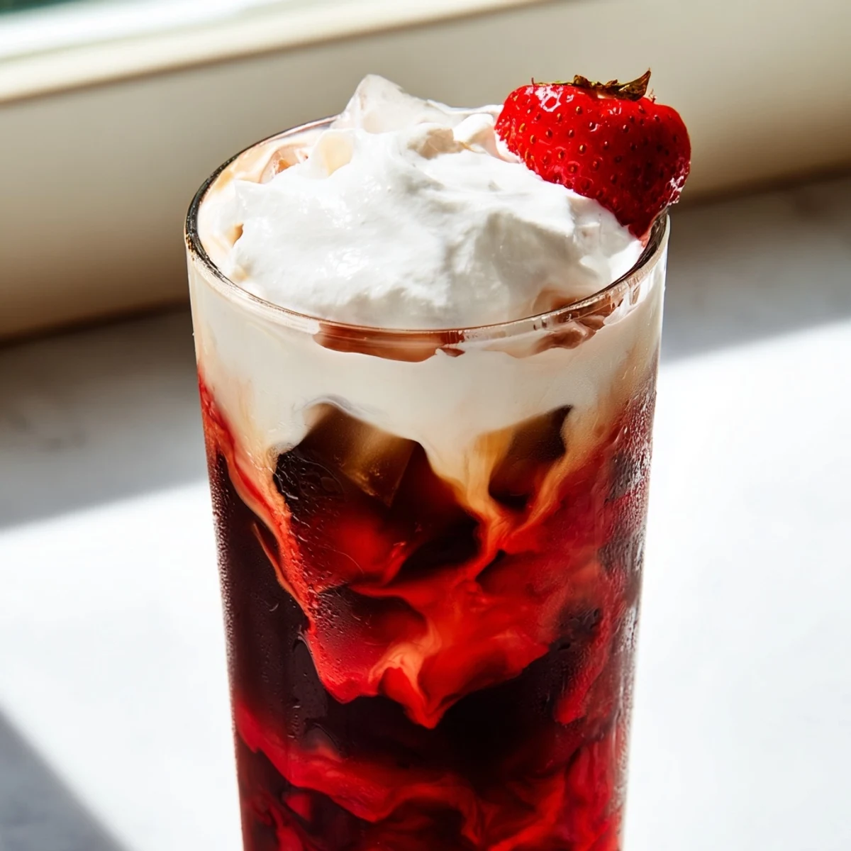 Creamy strawberry cold latte in a tall glass with marbled coffee layers and fresh berry garnish