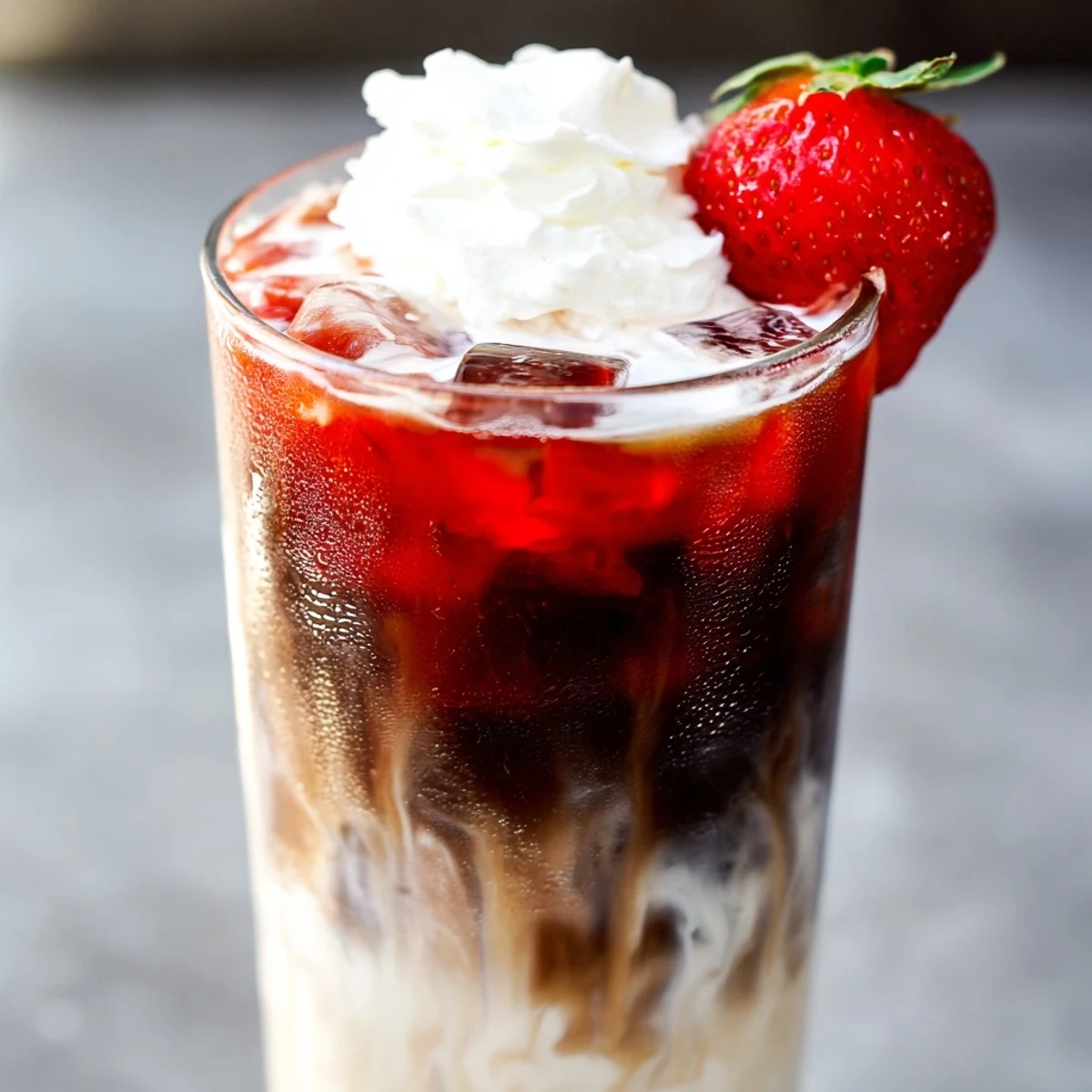 Iced strawberry cream latte topped with fluffy whipped cream and ripe strawberry slices on wooden surface