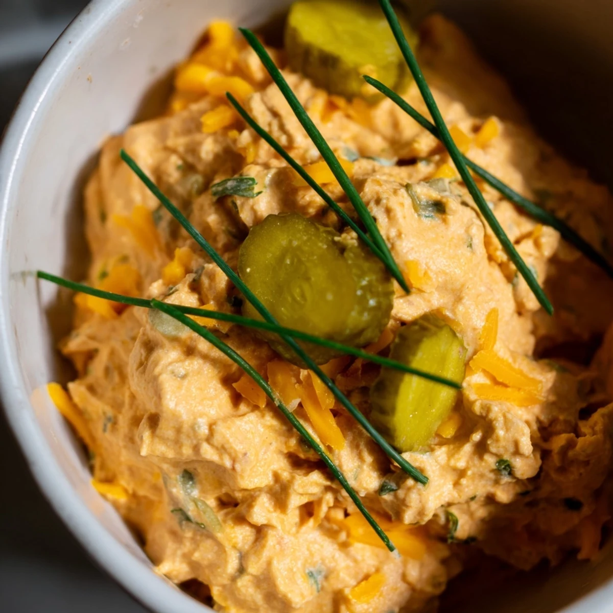 Creamy buffalo pickle dip in a serving bowl surrounded by crispy chips and fresh veggie sticks
