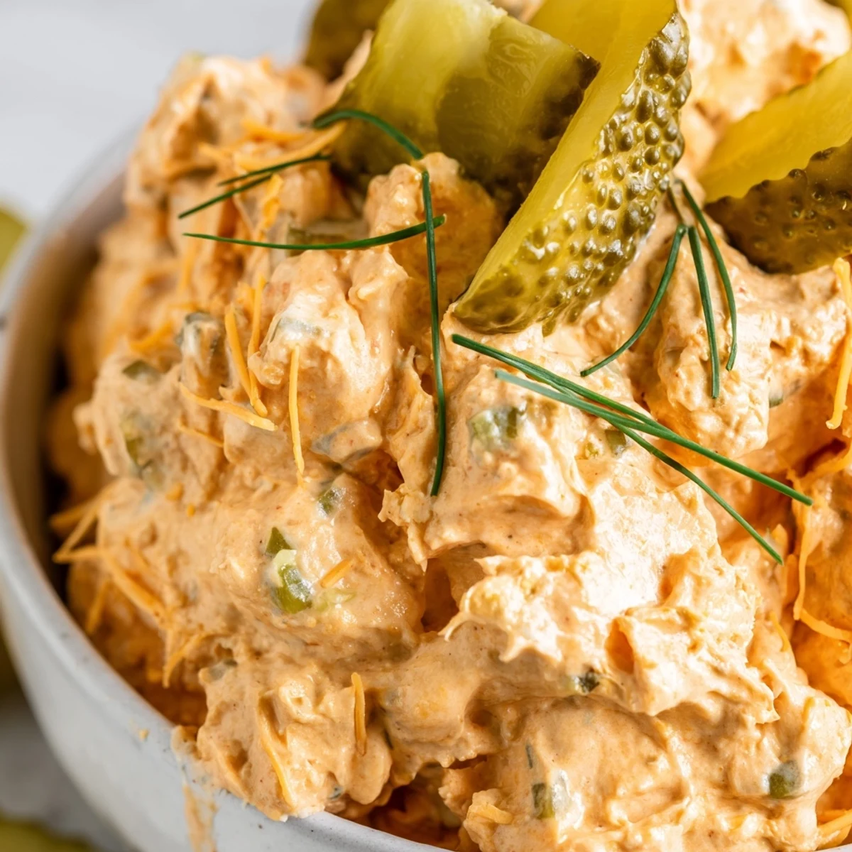 Tangy buffalo pickle dip topped with cheddar cheese and fresh chives in a rustic bowl
