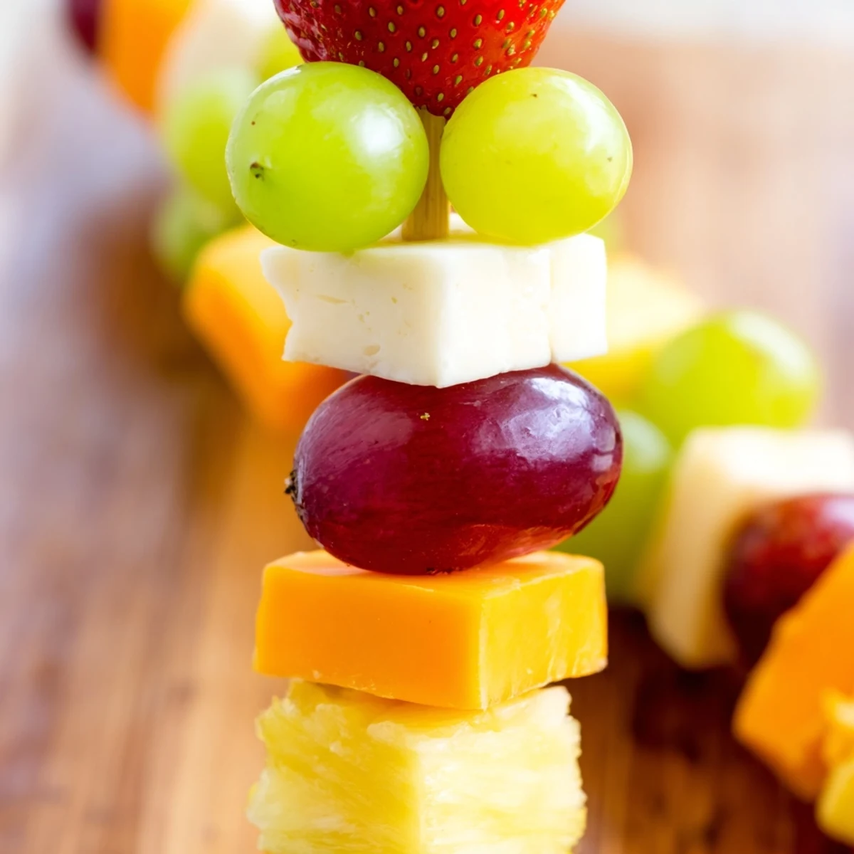 Fresh fruit and cheese kabobs featuring alternating cubes of creamy Monterey Jack and ripe red grapes