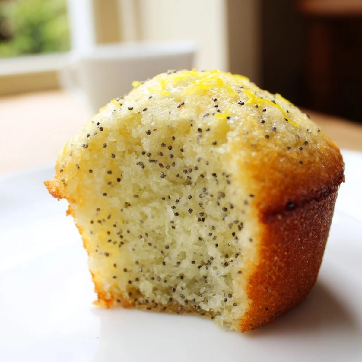 Golden lemon poppy seed muffins with domed tops cooling on a wire rack