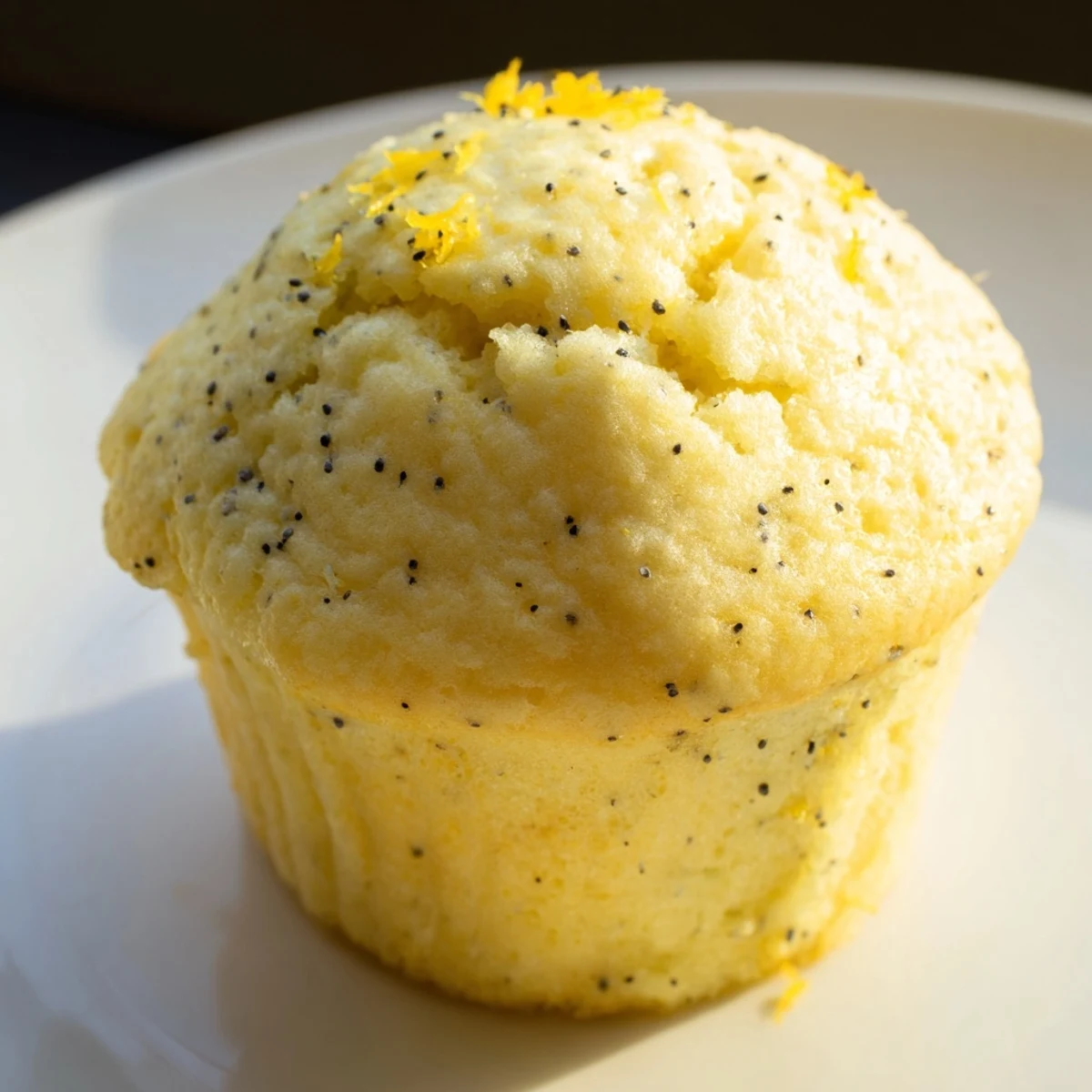 Moist lemon poppy seed muffins speckled with zest in white paper liners