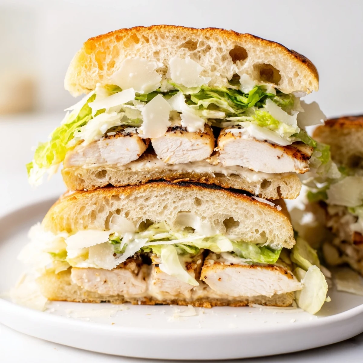 Golden toasted ciabatta rolls filled with juicy grilled chicken Caesar sandwich and crisp romaine lettuce