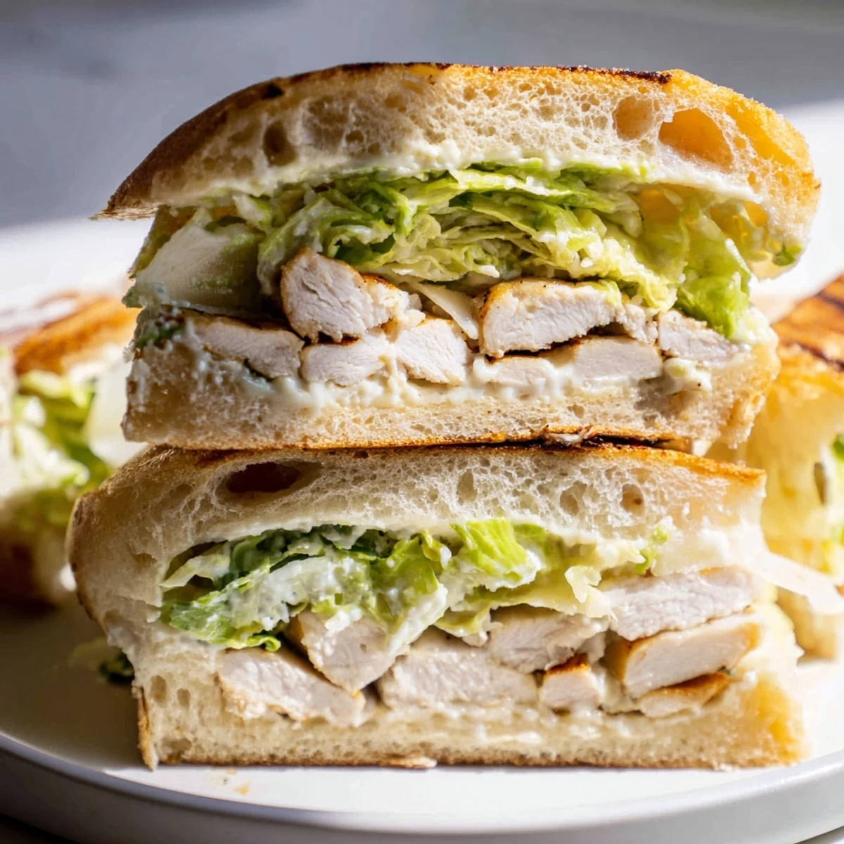 Savory chicken Caesar sandwich layered with shaved Parmesan and creamy dressing on crusty bread
