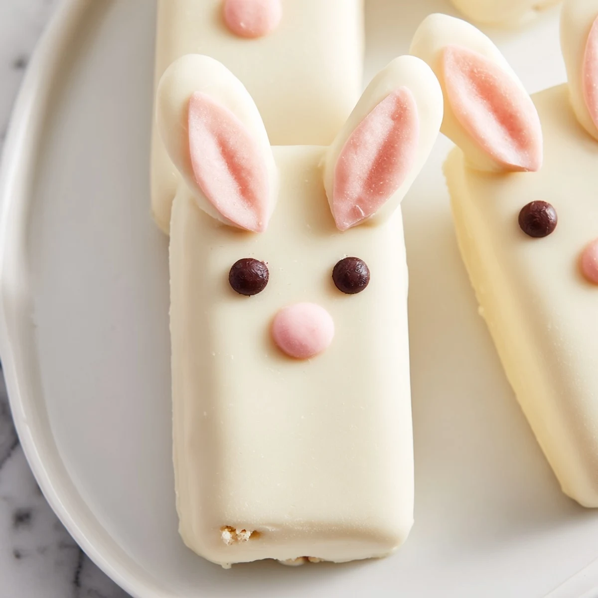 Adorable white chocolate bunny cakesicles decorated with pink fondant ears and pastel sprinkles for spring.