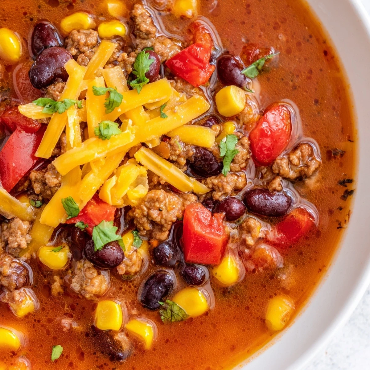 Steaming bowl of Crockpot Ground Beef Taco Soup topped with melted shredded cheddar cheese