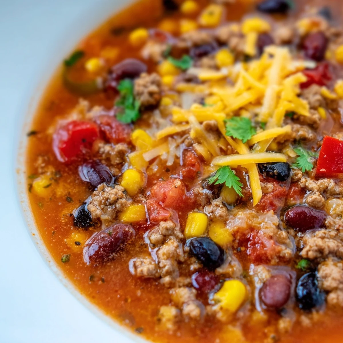 Hearty Crockpot Ground Beef Taco Soup loaded with tender beans, corn, and tomatoes