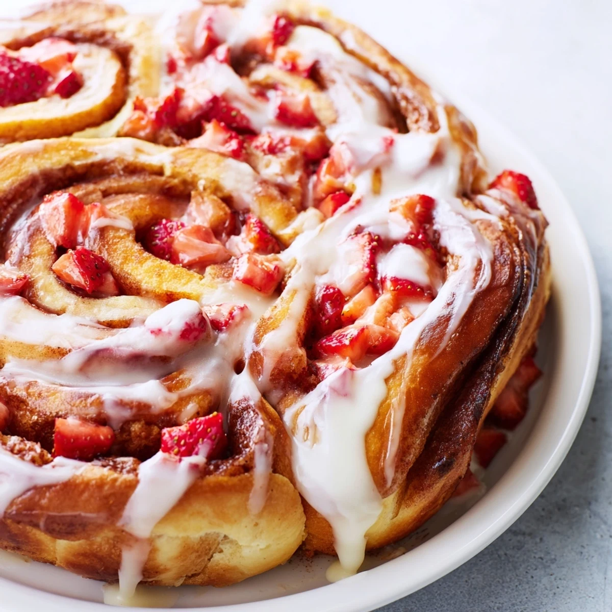 Swirled strawberry cinnamon rolls topped with rich cream cheese frosting ready to serve